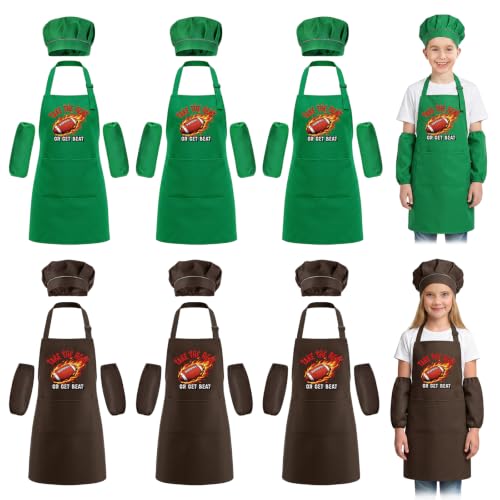 Zenymb Kids Chef Hat and Apron Set with Sleeves, Football Theme, 6 Pack