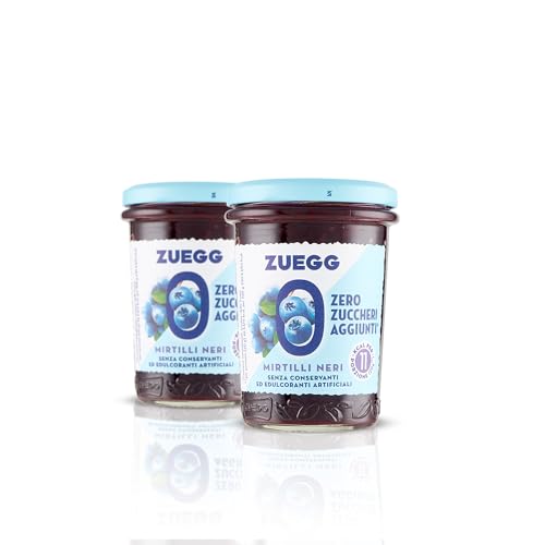 Zuegg, Confettura Zero Zuccheri Aggiunti Mirtilli Neri, 60% di Frutta, Solo 11 Calorie per Porzione - Senza Glutine, Senza Conservanti, Prodotto Vegano (2 x 220 grammi)