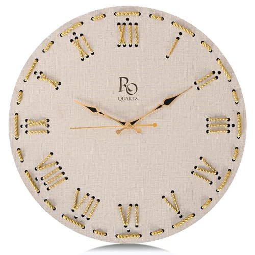 Image of Wooden Round Shape Roman Dial Wall Clock with Golden Hand & Golden Zari Rope Detailing | Silent Quartz Movement Anti Reflection Analog Vintage Clock for Home and Office (Ivory, 15.5 Inch)