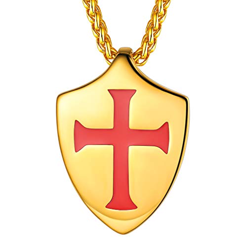FaithHeart Cruz Medieval Templaria Colgante Escudo Dorado Acero Inoxidable 316L Caballeros Templarios Joyería Talismán Protección Hombre