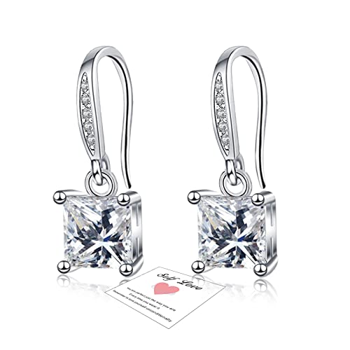 Hypoallergenic Square Earrings Dangling Sterling Silver, Silver Drop Earrings for Women, Wedding Bride Dangling Dangly Earring Diamond Earring for Women