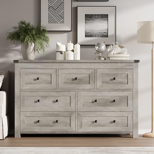 Image of BORNOON 7-Drawer Dresser, Modern Wooden Storage Chest of Drawers, Dresser TV Stand, Wood Drawer Organizer with Metal Handles for Bedroom, Living Room, Hallway