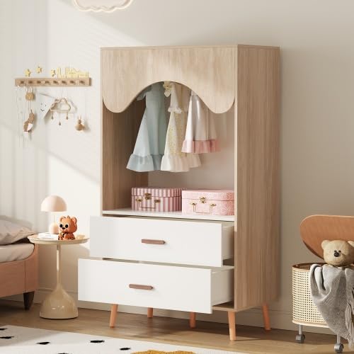 Merax Armoire pour enfant avec tringle à vêtements et tiroirs - Armoire ouverte - Blanc + bois naturel - 80 x 46 x 141,5 cm - Avec poignées en bois massif - Pour chambre d'enfant et chambre à coucher
