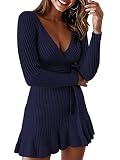ORANDESIGNE Strickkleider Damen Pulloverkleid Elegante Pullover V-Ausschnitt Winterkleid Casual Langarm Minikleid Strickkleider Tunika Kleid Sweater Kleid D Dunkelblau 46
