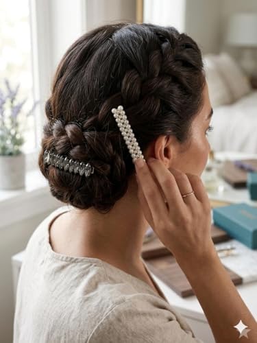 Image of Pearl & Crystal Hair Clips Set for Women, Elegant Rhinestone Barrettes, Stylish Hair Pins for Party, Wedding, Daily Wear - Pack of 2