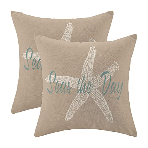 BETGINY Coastal Starfish Pillow Covers 18x18 Set of 2, Seas The Day Vintage Beach Shell Decorative Throw Pillow Covers Linen Farmhouse Seashell Nautical for Couch Sofa Summer Home Outdoor Decor