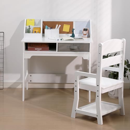 Garvee Kids Desk and Chair Set, Study Desk for Boys and Girl, Wooden Kids Writing Table with Cloth Drawers and Pen Holder, White