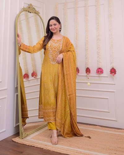 Image of Women's Silk Embroidered Straight Kurti With Pant and Dupatta set