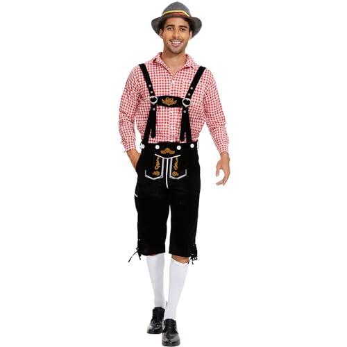 IEEILULU Oktoberfest Herren Outfit, Deutsch Bayern Oktoberfest Kostüm Herren Set mit Abnehmbarem Lätzchenträger, Karierten Hemden, Kniesocken und Bayerischen...