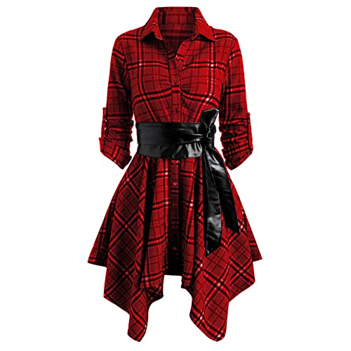 Women Casual Belted Mini Dress Vintage Check Plaid Rolled Up Sleeve Button Down Irregular High Low Shirt Dress Tunic Top Red #TOP1