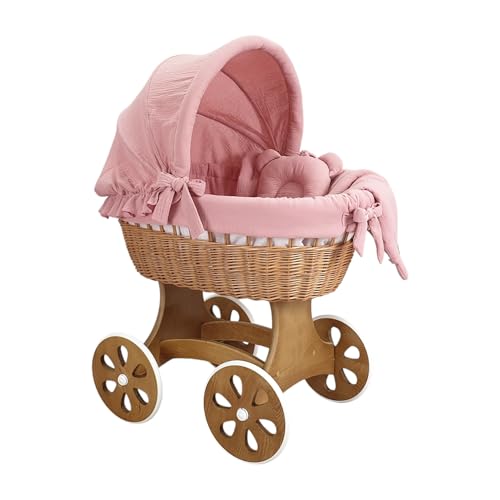WIKLINOPOL IRENEUSZ ZYGMUNT WICKER WOOD BABY 2000 EU - Wiklinopol Couffin Bébé avec Support en Bois et roulettes Annabell – Berceau en Osier avec Matelas et Linge 5 Pièces Mousseline Rose – Poussette de lit Naturel pour Nouveau-né