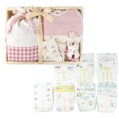 Lulu lullaby 出産祝い用 おむつお試し＆ベビー雑貨5点セット（スタイ・ソックス・ガラガラ・巾着・おむつ7種）ピンク 花柄 新生児 女の子 ベビーギフト 日本製 ビセラ製作所 (ピンク 花柄 うさぎ)