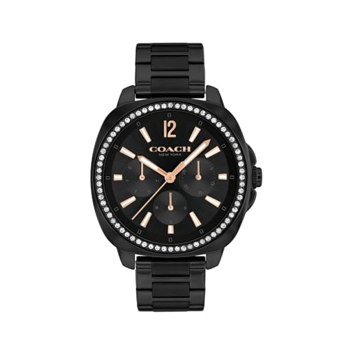 Image of Coach Kitt Qtz Multifunction Black Tonneau Dial Women's Watch|Ionic Plated Black Steel Material|Black Color Band - 14504396