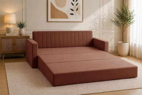 Image of Modern Velvet 3 Seater Sofa Cum Bed with Armrest, Convertible Sleeper Couch Sofa for Living Room, Bedroom & Office - Brown Color