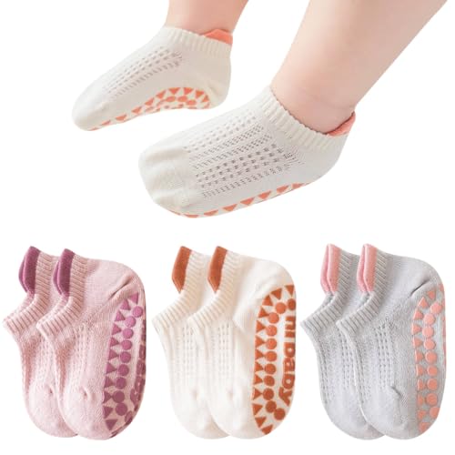 calcetines de agarre para niños pequeños 3 pares de calcetines de agarre para niñas antideslizantes calcetine de tobillo 1-3 años de edad (FR/ES, Edad, 1 año, 3 años, 3, Púrpura, beige y gris)