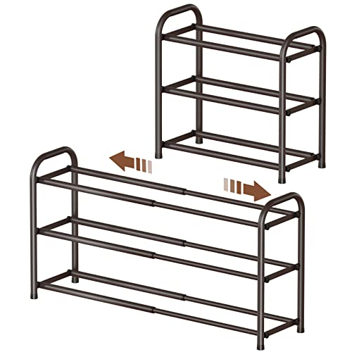 Image of Gonfoam Expandable 3-Tier Shoe Rack for Closet and Entryway, Bronze | Tool-Free Assembly, Metal Material, Adjustable Shoe Organizer, Sturdy, Small Space Solution, Dorms, Garages, Apartments.