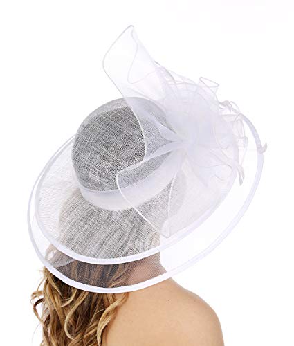 Serenita Dress Hat Women, For Church Party Bridal Wedding Cocktail, Wide Brim Flower Cloche Bucket, White 12 #TOP2