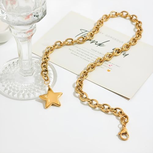 Chunky Gold Star Heart Pendant Necklace for Women Thick Chain Choker Trendy Jewelry4