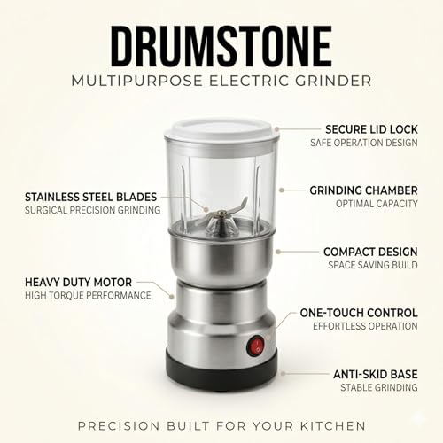 Image of Drumstone Big Electric Grinder for Kitchen | Heavy Duty Multipurpose Dry Grinder with Stainless Steel Blades & Powerful Motor | Spice, Masala, Coffee Bean & Grain Grinding Machine | Silver