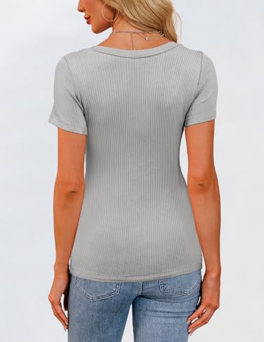 GKBK Womens Scoop Neck Short Sleeve Tops Ribbed Knit Slim Fitted Tight Layering Top Basic Tee Shirts Cute Summer Tops Casual Spring Outfits 2026 Trendy Grey — view 5