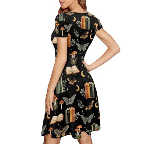 Image of POLERO Women Puffy Swing Elegant Party Midi Dresses Short Sleeve Round Neck A-Line Dress