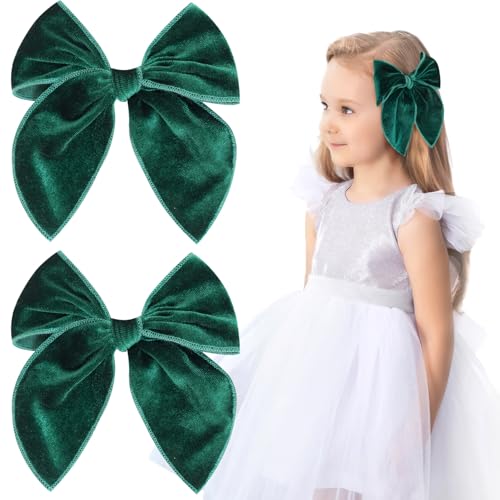 2 Pack Fable Girls Velvet Hair Bows 5 Inch Large Velvet Bow Handmade Hair Accessories for Toddler Kids Teen Girls (Green)