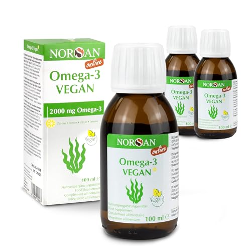 NORSAN Premium Omega-3 Vegan Öl hochdosiert 3 x 100ml - 2000 mg Omega-3 Tagesdosierung-Algenöl reich an EPA & DHA - 800 IE Vitamin D3