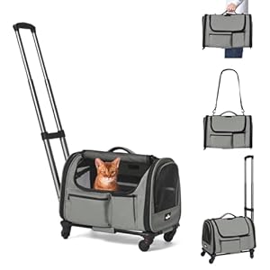 Cat Carrier with Wheels, Foldable Airline Approved Dog Cat Carrier with Wheels for Cat Dog Under 20 lbs, Rolling Cat Carrier Travel Bag with Telescopic Handle for Walking Travel Vet Visits