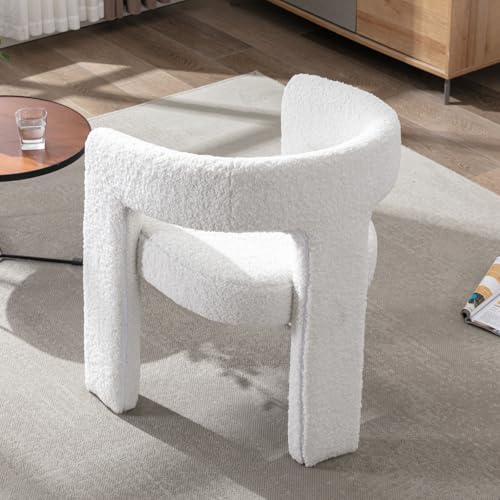 Image of HNY Modern Barrel Kitchen & Dining Room Chairs Set of 4, Sherpa Upholstered Accent Chairs with Arm, 18.5'' Wide Side Armchairs Vanity Chairs for Living Room Bedroom Makeup Small Spaces, White