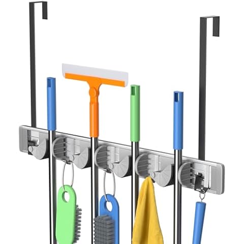 Unjumbly Broom Holder Wall Mount, Drilling Free Mop and Broom Holder with 2 Over Door Hooks, Tool Organizer for Laundry Room, Garage, Kitchen, Closet, Bathroom, Pantry, Mid Grey (4 Racks and 4 Hooks) Cover