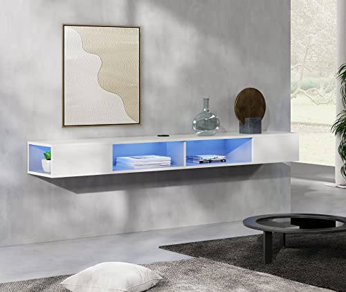 WAMPAT TV Stand with LED Lights for 65/70/75 Inch TVs, Entertainment Center Media Console, Wall Mounted Shelf Under TV Cabinet with Storage for Living Room and Bedroom, White