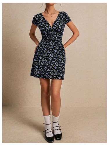 Image of Milumia Women's Boho Disty Floral Mini Dress Deep V Neck Short Sleeve A Line Short Dress Dark Blue