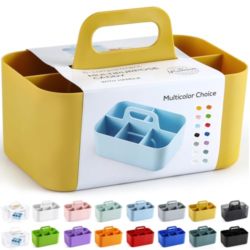 Multiuse Caddy Organizer w/ Handle - Stackable Plastic Tote Bin - Art Craft Supplies, Office, Desk, Stationery Pen Holder, Kitchen, Utensil, Makeup, Bathroom, Shower, Cleaning, Dorm Organizer - Yellow