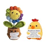 DiiWmme Ramo de flores de ganchillo hecho a mano, juego de 2 piezas de girasol y pollitos de punto, regalo perfecto para mujeres, agradecimiento a profesores, decoración de cumpleaños, decoración de