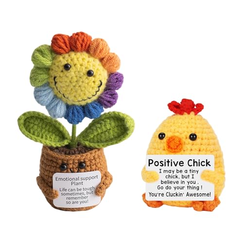 DiiWmme Handmade Crochet Flower Bouquet, 2 PCS Knitted Sunflower and Chick Set, Perfect Thank You Gift for Women, Teacher Appreciation, Birthday Decor, Home and Office Desk Decoration (Sunflower)