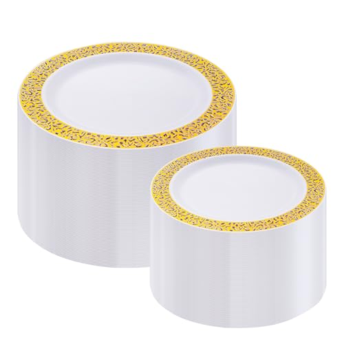 Image of I00000 200 Pcs White and Gold Plastic Plates, Disposable Plastic Plates for 100 Guests Include: 100 Pcs Dinner Plate 10.25 inch and 100 Pcs Dessert Plate 7.5 inch Perfect for Party and Wedding