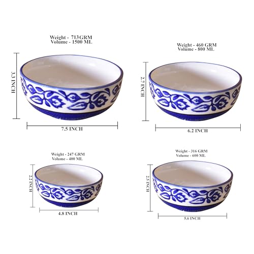 Image of Ceramic Mixing Bowl Set - 4 Pieces (1500ml, 800ml, 600ml, 400ml), Blue Vine - Durable, Microwave & Dishwasher Safe - Ideal for Mixing, Serving & Storage