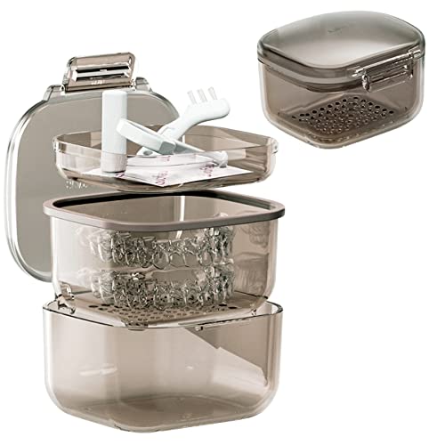 Boîte de bain pour Prothèses Dentaires, étui pour Prothèses Dentaires avec Couvercle,Conception à 3 couches Boîte de Retenue, Personal Orthodontic Supplies for Storage/Washing/Soaking (Noir) Cover