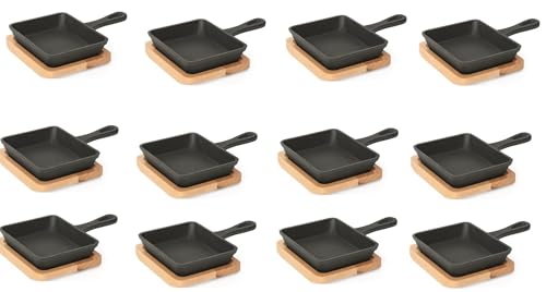 12 x Mini Servierpfanne aus Gusseisen, mit Holzuntersetzer, nicht...
