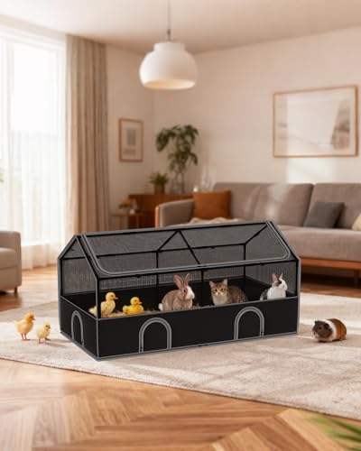 DINMO Kleintiergehege, Freigehege für Kaninchen Meerschweinchen, Haustier-Laufstall mit wasserdichtem Boden für Hamster, Igel, Kätzchen, Hühner, für innen und außen, schwarz, 165 x 80 x 80 cm