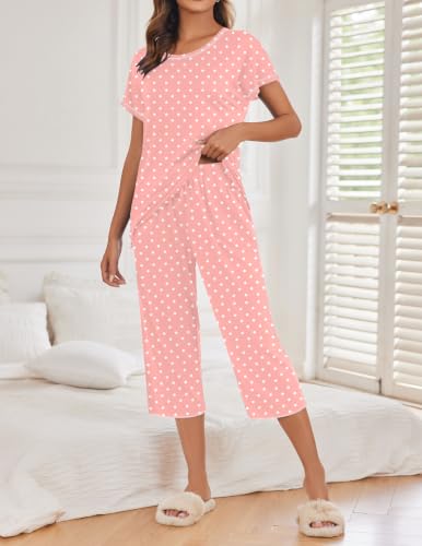 Image of Ekouaer 2 Pack Womens Pajamas Sets Short Sleeve Tops and Capri Pants Pjs Colorful Printed Sleepwear Sets