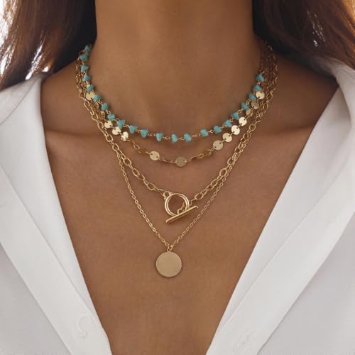 Gold Layered Necklaces for Women Boho Turquoise Stack Necklace Long Y Shape Western Necklaces Bohemian Coin Pendant Necklace For Country Concert Beach Jewelry Gift2