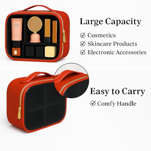 Image of Coslifestore-Cosmetic Case, Travel Makeup Case with Handle, Transparent Makeup Case, Portable Makeup Bag for Cosmetics /Skincare Products /Toiletries (RED)
