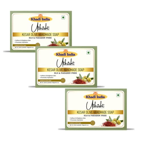 Image of Utkrisht Khadi Kesar Olive Handmade Bathing Soap Bar 125g (Pack of 3) | Natural & Herbal | Hydrating, Glowing & Brightening Skin | For Even Skin Tone | All Skin Types | For Men & Women