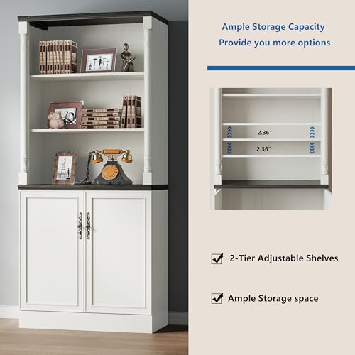 Image of 71'' Tall Bookshelf with Doors, Bookcase Storage Cabinet with 5-Tier & Adjustable Shelves, Wooden Deep Book Shelf for Living Room, Office, Antique White