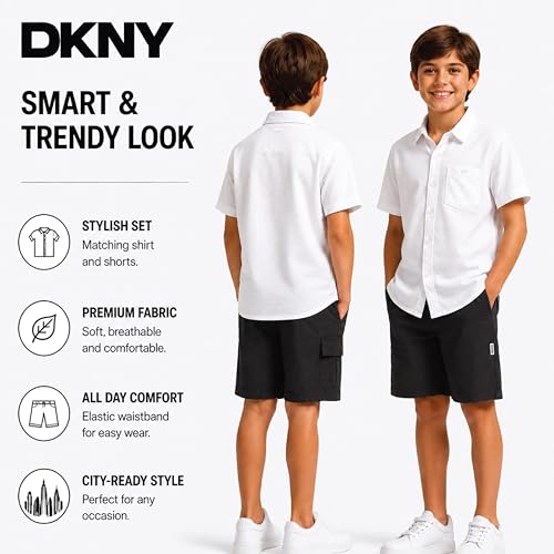 Image of DKNY Boys Shorts Set - 2 Piece Short Sleeve Collared Button Down Shirt and Matching Shorts for Boys (Sizes: 8-12)