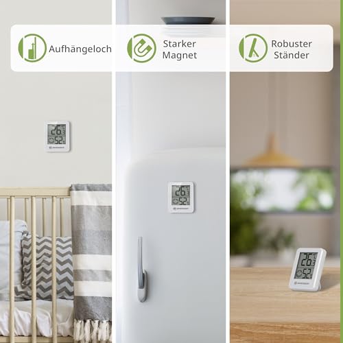 Bresser 3er Set Thermometer Hygrometer - Digitales Raumthermometer für Kontrolle Innenraum Luftfeuchtigkeit, Kühlschrankgeeignet, Wandmontage und Magnet, Schimmelvorbeugung - Indikator Smiley, Weiß
