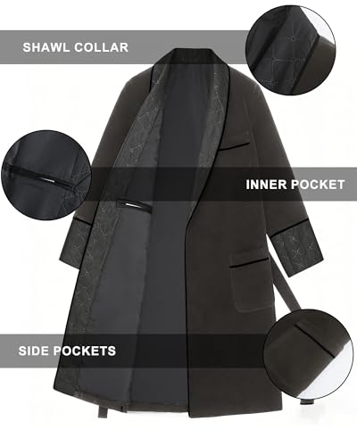 Image of Men's Long Velvet Smoking Jacket Smoking Robe with Belt Shawl Lapel Quilted Dressing Gown