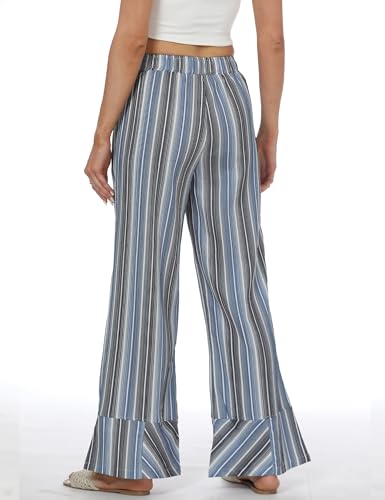 Women's Striped Pants Casual Wide Leg Palazzo Pant Slouchy Loose Beach Elastic Waist Trousers with Pockets2