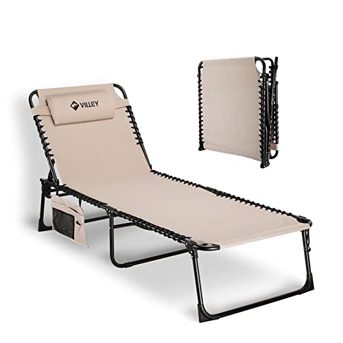 VILLEY Oversize Chaise Lounge Outdoor, Heavy-Duty Folding Lounge Chair for Outside, Portable Trifold Beach Lounger with 5 Adjustable Positions for Outdoor, Patio, Beach, Lawn, Backyard, Camp